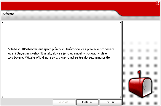 09 Modul Antispam Průvodce - otevře průvodce, který Vás bude provázet celým procesem tréninku Bayesiánského filtru, díky čemuž se ještě zvýší efektivita BitDefender Antispamu.