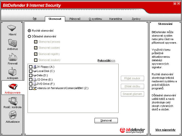 10 Modul Antispyware 10.2. Testování na žádost Pro zpřístupnění této sekce klikněte na záložku Skenovat v modulu Antispyware. Obrázek 10.15.