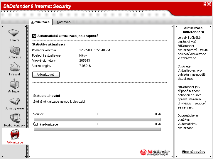 12 Aktualizační modul Obrázek 12.1. Automatické aktualizace Jestliže jste připojení k Internetu širokopásmovým nebo DSL připojím, BitDefender pečuje o sebe sám.