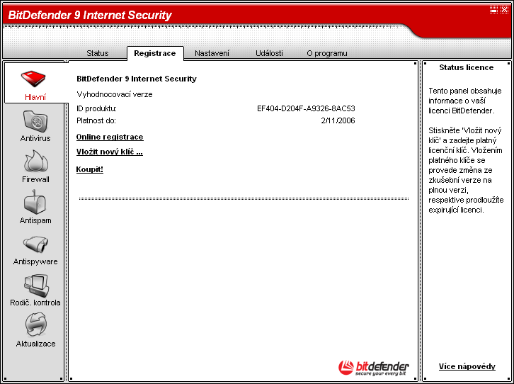 Hlavní modul 06 Obrázek 6.2. Registrace produktu Tato sekce obsahuje informace o stavu Vaší licence na Bitdefender. Dále je uveden datum vypršení a můžete si zde produkt zaregistrovat.