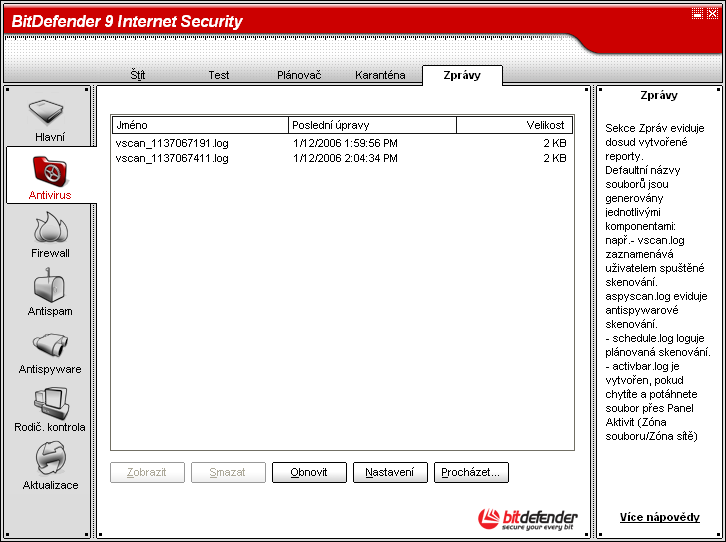 07 Modul Antivirus Obrázek 7.22. Zprávy Sekce Zprávy obsahuje seznam veškerých dosud vygenerovaných souborů s reporty. U každého souboru je uveden jeho název, velikost a datum poslední modifikace.