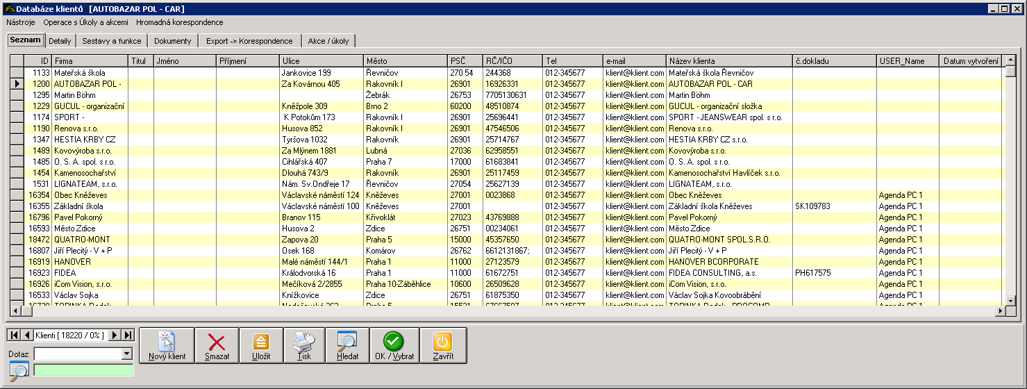 Klienti Tak jako v ostatních modulech, tento seznam slouží jako náhled a posun v databázi.