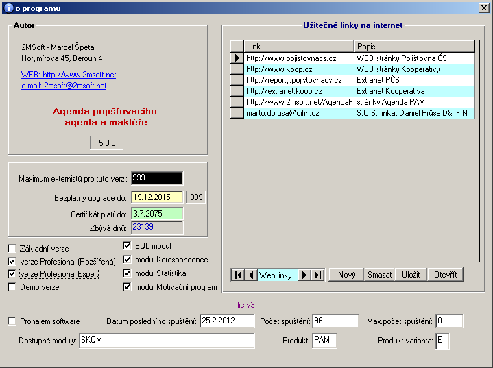 O programu a informace o licenci / certifikátu Maximum externistů pro tuto verzi od 1.6.