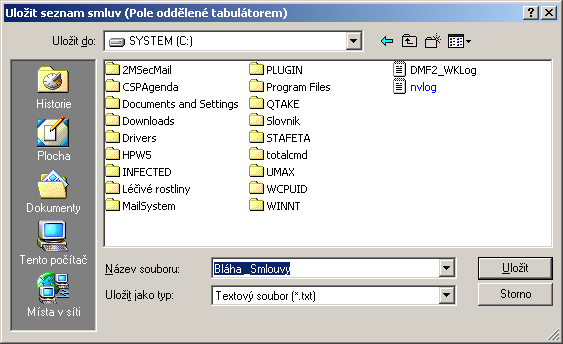 Kliknutím na sloupec tabulky se seznam seřadí podle kritéria ve sloupci. Export TXT umožňuje vyexportovat seznam smluv vč.