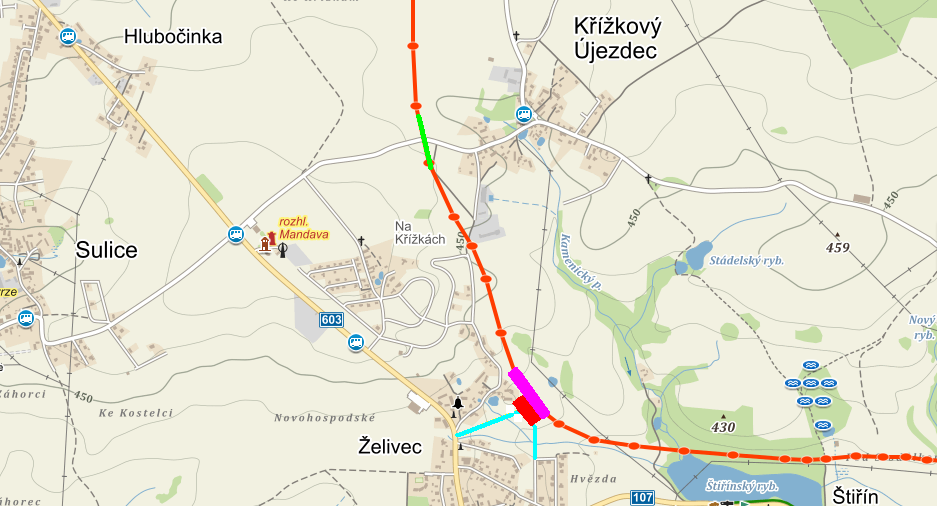 Jízdní doba: 1,5 minuty Délka: 1,1 km Ze zastávky Horní Jirčany trať vede dále téměř rovnoběžně se silnicí 603 až k Radějovicím, kde je umístěna další zastávka.