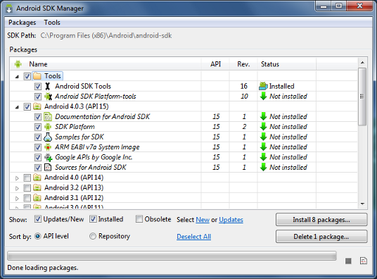 Obrázek 4. Android SDK manager zobrazující dostupné balíčky pro jednotlivé verze platforem. Zdroj: http://developer.android.com/index.