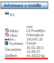 KONTROLA NALOŽENÍ VOZIDLA Na záložce Dispečink pak lze v části Informace o vozidle vidět položku Zatížení.