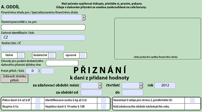 7 Přiznání DPH Jestliže nepoužíváte pro sestavování přiznání k DPH účetní software, doporučuji využít interaktivního formuláře Ministerstva financí, který je dostupný na adrese http://cds.mfcr.