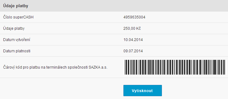 UTB ve Zlíně, Fakulta aplikované informatiky 45 Obrázek 13 Cenové hladiny čárových kódů pro dobíjení GoPay účtu [4] Na obrázku 14 je znázorněna ukázka vygenerovaného čárového kódu v hodnotě 250 Kč s