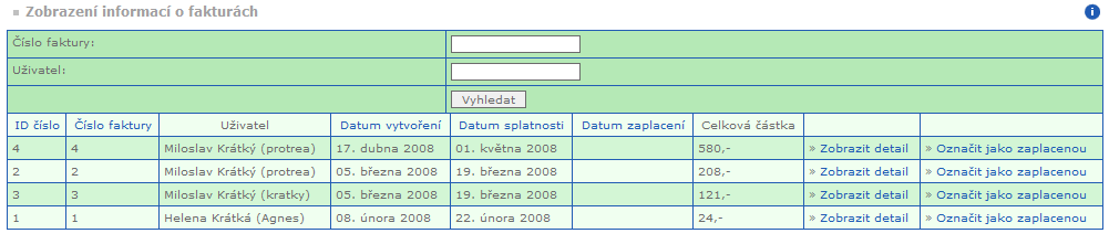 Obrázek 44 - výpis faktur Ve výpisu je možnost provést nad fakturami několik vybraných akcí jako je zobrazení detailu nebo její označení jako zaplacené.