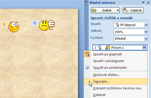 3. Nastavení spouštění animací V dalším je třeba nastavit, aby se kliknutím na správný výsledek spustila animace s veselým smajlíkem.