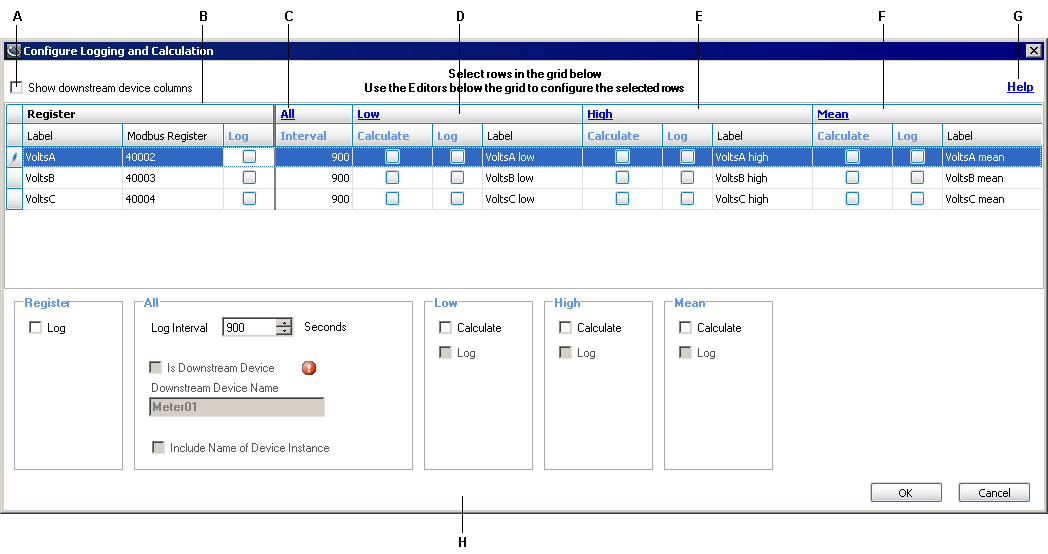 StruxureWare Power Monitoring Expert 7.2 User Guide Kapitola 7: Importér zařízení Modbus Objeví se následující obrazovka: A Zatrhněte toto pole pro zobrazení sloupců downstream zařízení.