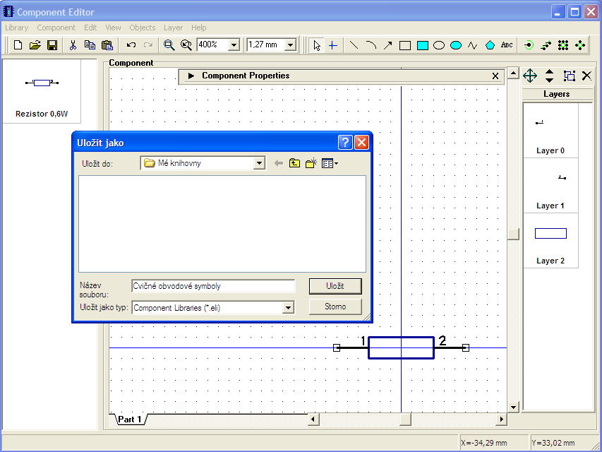 Rezistor máme teď celý hotov, má svoji schematickou značku i osazovací matrici. Nezbývá než vytvořit knihovní soubor pro vaše cvičné schematické značky.