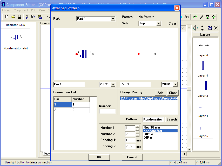 Následujícím krokem je přidružení kontaktní matrice ke kondenzátoru. Zvolte tedy {Component Attached Pattern.