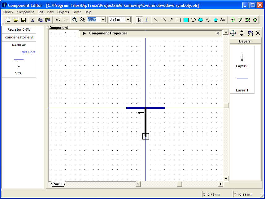 Minimalizujte panel {Component Properties}, v liště objektů zvolte nástroj jednoho pinu a umístěte jeden na plochu, změňte mód na standardní