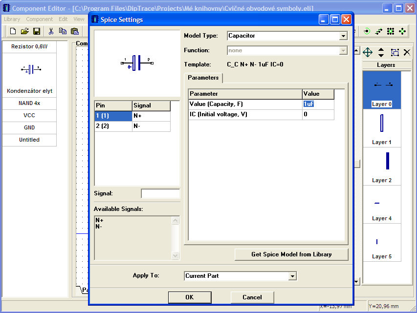 Kondenzátor je velmi jednoduchá součástka, a tak nemusíme specifikovat jeho model v textovém souboru nebo programu, abyste předvedli jeho funkci (stačí jen typ modelu a kapacitu).