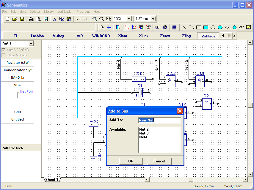 1 1.1 Propojování Sběrnice a propojení listů V této sekci vám ukážeme, jak se používají sběrnice a propojují listy v programu návrhu obvodových zapojení Schematic.