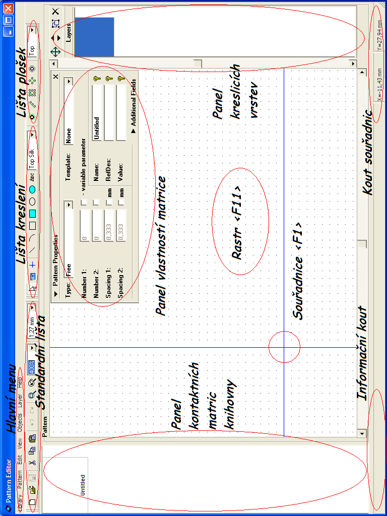 3 Okno programu editoru matric Pattern Editor Některé prvky okna můžete