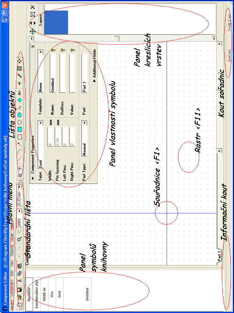 4 Okno programu editoru symbolů Component Editor Některé prvky okna můžete