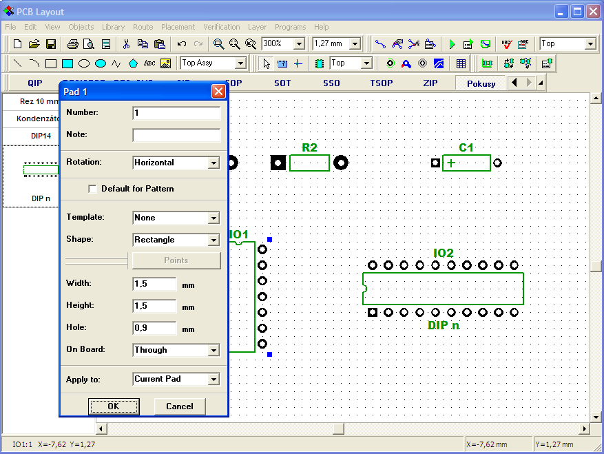 Vidíme, že jsme zapomněli změnit tvar první plošky na čtvercový u matrice DIP14. Uděláme to tedy teď při návrhu DPS i bez editoru matric. S kurzorem na plošce č.