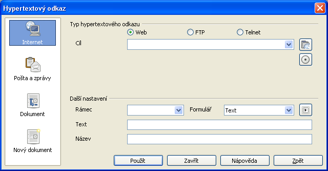 125 Hypertextové odkazy a pole v dokumentu Hypertextové odkazy Do dokumentu můžete vložit hypertextový odkaz vedoucí do téhož nebo jiného dokumentu, na webovou stránku, do složek serveru FTP,