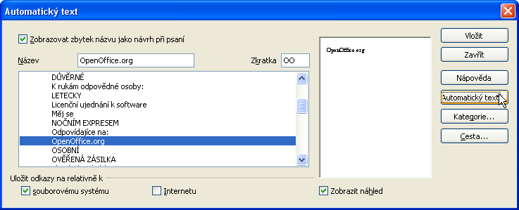 136 pole Zkratka pak nějakou mnemotechnicky laděnou zkratku, jejíž pomocí budete blok zpětně vkládat do dokumentu. Potom stiskněte tlačítko Automatický text v pravé části dialogu.