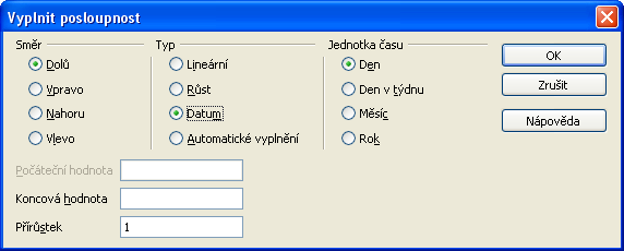 167 východisko z oblasti dvou buněk. Do první napište číslo 1, do druhé číslo 3 (nebo 2 a 4). Pak označte dvojici buněk jako oblast a táhněte myší posloupnost bude naplněna hodnotami 1, 3, 5, 7, 9.