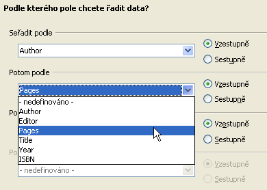 244 čtyři pole, podle kterých bude výsledná sestava seskupena. Pokud seskupujete více než jedno pole, OpenOffice.org zanoří skupiny podle jejich úrovně.