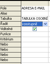 267 Definice dotazu Dotaz se definuje v dolní části okna návrháře dotazů. Tato část je rozdělena na řádky pojmenované v záhlaví vlevo a sloupce.