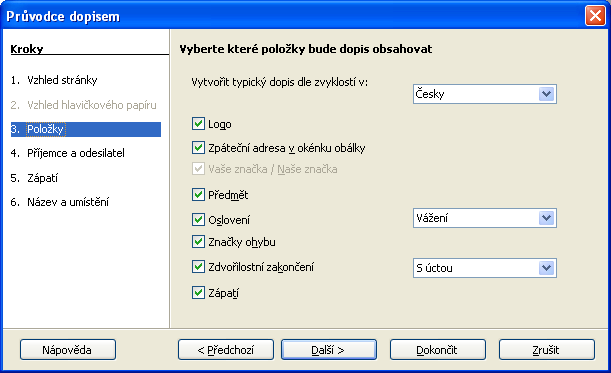 28 Přejdeme na třetí kartu, kde zaškrtnutím určíte položky, které budete chtít zahrnout na stránku dopisu daného typu.
