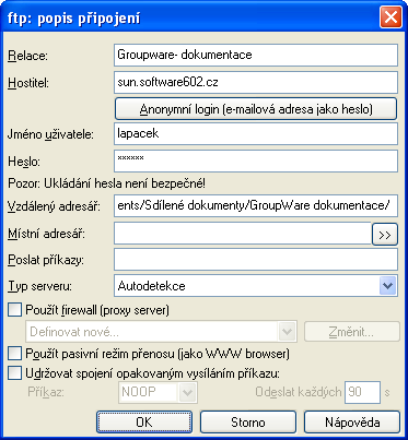 300 Heslo vaše přístupové heslo do Groupware. Vzdálený adresář - pokud se chcete rovnou připojit do určité složky FTP serveru, zadejte přístupovou cestu k této složce.