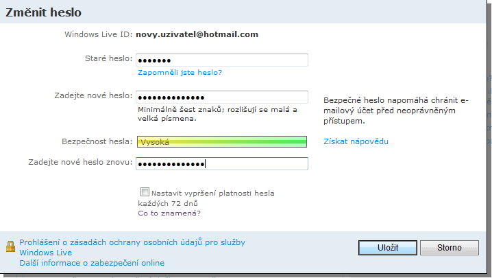 3. Změna hesla Po přihlášení ke službě Windows Live je možno dostat se na nabídku Přehled účtu. Na tuto stránku je možno se kdykoliv dostat kliknutím na odkaz Přehled účtu.