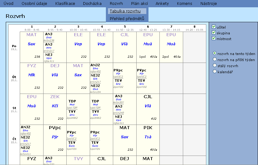 Rozvrh Aplikace nám umožní zobrazit i rozvrh.