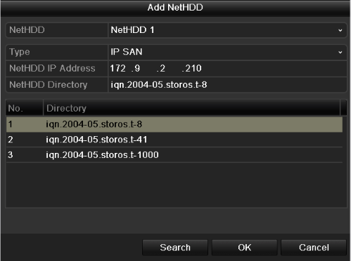 1) Zadejte adresu NetHDD IP address v textovém poli. 2) Zadejte adresář NetHDD Directory v textovém poli. 3) Klikněte na tlačítko OK pro přidání nakonfigurovaného disku NAS.
