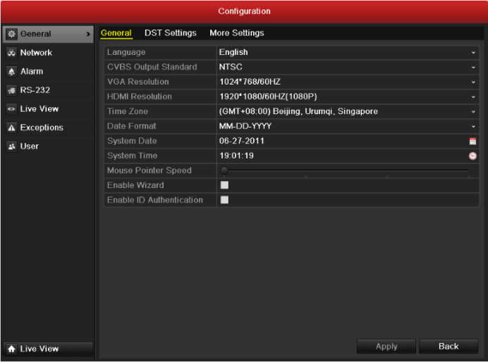 13.2 Konfigurace všeobecného nastavení Účel: Pomocí Menu > Configuration > General interface lze nakonfigurovat výstupní normu BNC, výstupní rozlišení - VGA output resolution, rychlost ukazatele myši