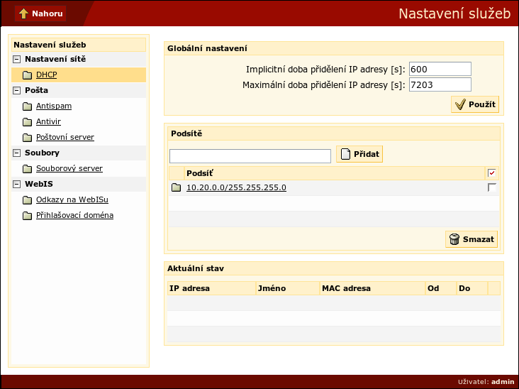 Obrázek 13-1. Základní nastavení DHCP Kapitola 13. Nastavení služeb serveru 13.1.1. Nastavení DHCP pro podsít V rámci podsítě může být definována nějaká doména, která se bude přidávat k hostname jednotlivých klientů při překladu IP adres pomocí DNS.