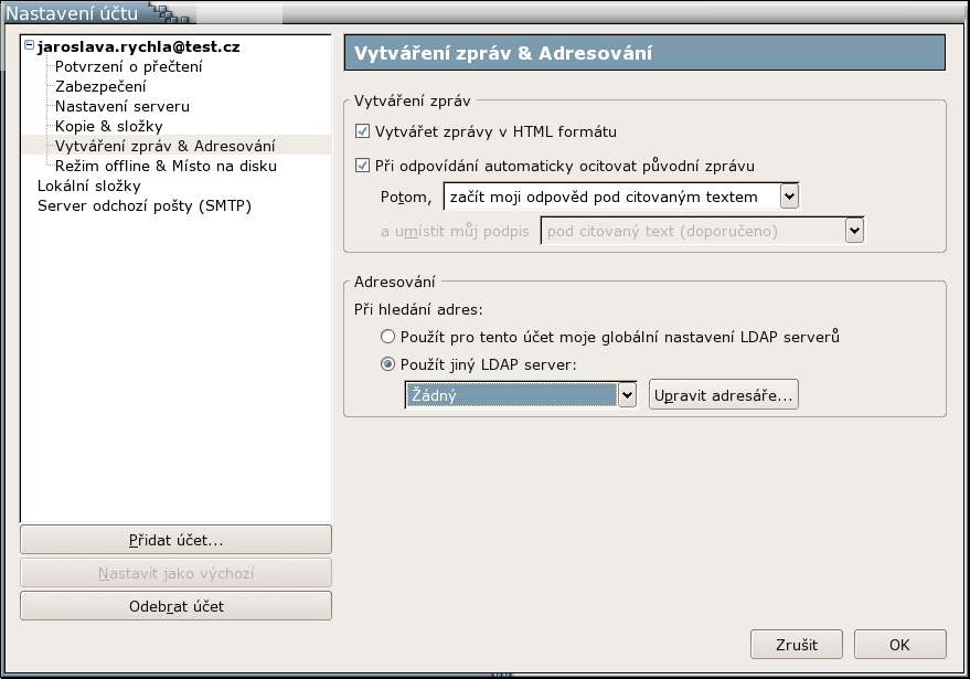 Kapitola 14. Přílohy Obrázek 14-2. Nastavení Thunderbirdu Otevře se okno se seznamem definovaných LDAP serverů, ze kterých můžete některý upravit nebo vytvořit nový.