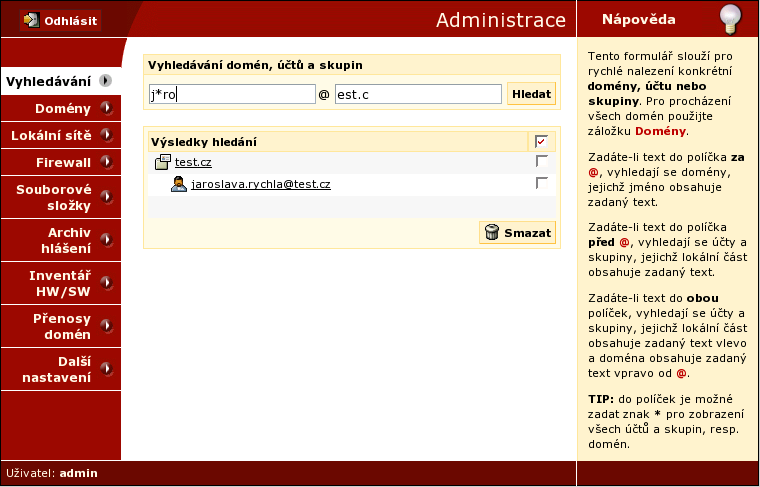 Kapitola 2. Navigace V tabulce Souhrnné informace jsou uvedeny nastavené limity pro počty objektů, povolených služeb na serveru a diskový prostor vymezený pro poštovní schránky.