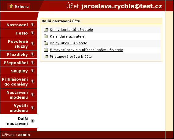 Kapitola 4. Účty 4.2.8. Další nastavení Menu v této záložce obsahuje volby pro administrátorský přístup ke sdíleným kontejnerům. Dále obsahuje nastavení přístupových práv a filtrovacích pravidel účtu.