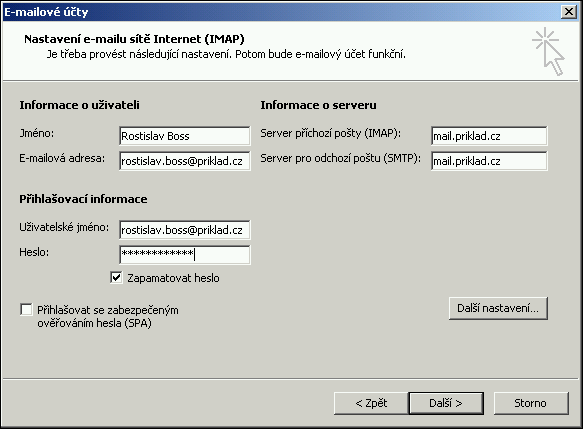 Kapitola 4. Účty Obrázek 4-12. Vzorové nastavení SMTP 4.3.2. Přidání účtu v aplikaci MS Outlook Po prvním spuštění aplikace Outlook zvolte v hlavním menu Nástroje -> E-mailové účty.