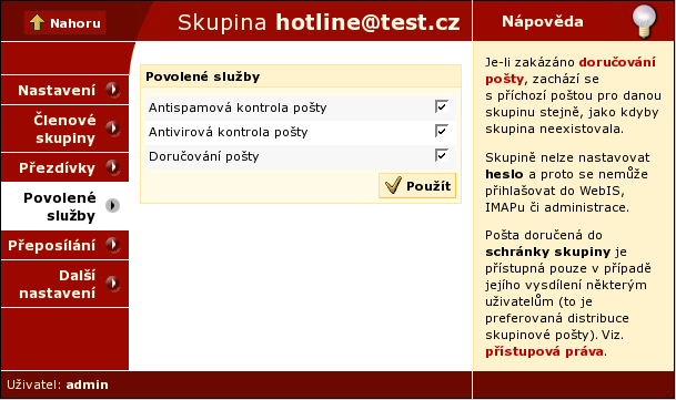 Kapitola 5. Skupiny 5.2.4. Povolené služby V této nabídce jsou vidět služby, které jsou na serveru naistalovány. Jejich počet se může lišit v závislosti na tom, jaký serverový produkt máte zakoupen.