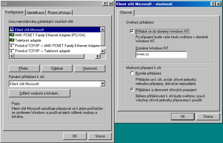 Kapitola 9. Souborový server 9.2.2.3. Windows 98 CZ Ve Windows 98 se veškeré nastavení pro PDC provádí v Ovládacích panelech ve složce Sít.