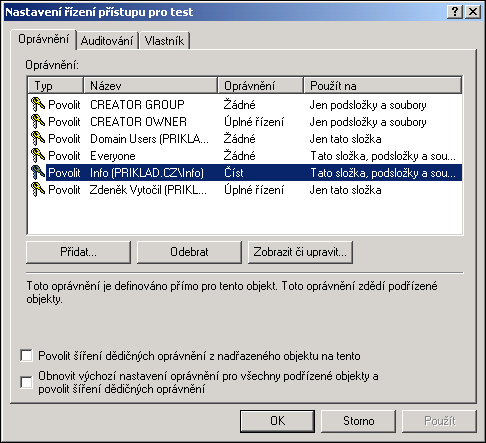 Obrázek 9-28. Výsledné nastavení přístupových práv Kapitola 9. Souborový server 9.4. Přihlašovací skripty Přihlašovací skript je krátký program, který se spouští po přihlášení uživatele do domény.