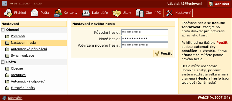 Kapitola 9. Souborový server 9.6.2. Změna hesla uživatele Heslo si může uživatel měnit bud v sekci Nastavení ve WebISu nebo v systému Windows na členské pracovní stanici v doméně. Obrázek 9-37.