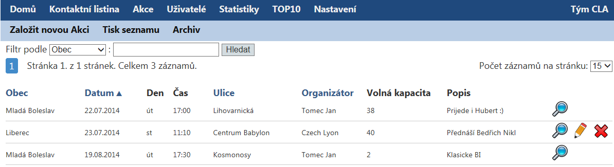 Akce Business Info v menu: Akce / Business Info se dostanete na přehled všech BI, které jsou právě vypsána.