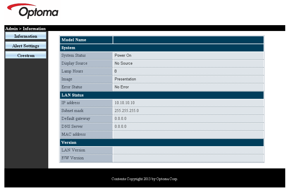 Ovládací prvky 7. Stiskněte tlačítko Menu na projektoru. 8. Vyberte OSD -> NASTAVENÍ -> Síť -> Lan Settings. 9. Zadejte následující údaje: 4 DHCP: Vypnuto 4 Adresa IP: 10.10.10.10 4 Maska podsítě: 255.