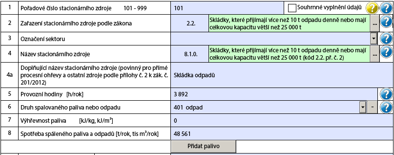 T05_k03 Test T05_03 naznačuje neočekávané vyplnění údaje o spalovaném palivu v položkách 6 8.