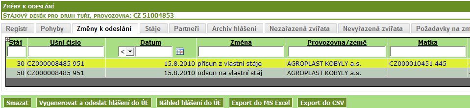 2. Kliknu na tlačítko Smazat. Pohyb je tím zrušen. POZOR! Pokud rušíte pohyb mezi vlastními stájemi, musíte zrušit samostatně i protipohyb.