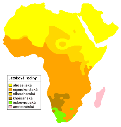 Mapa ukazující rozložení jazykových rodin v Africe. Nejpřesnější odhady hovoří o přibližně tisíci jazycích na území Afriky.