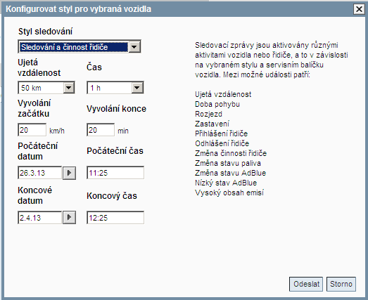 c. Objeví se menu, kde můžete zvolit styl, jakým chcete vozidlo sledovat a v jakém období.